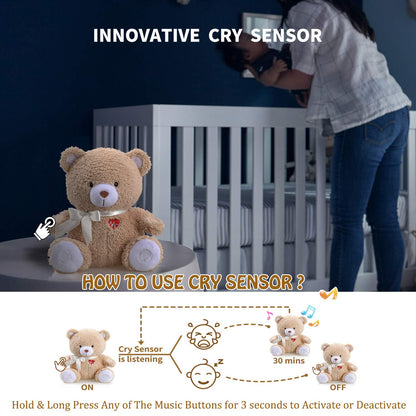 Newborns Musical Baby Sleep Soother, Mom's Heartbeat White Noise Machine, Bear Sleeping Aid with Cry Sensor|Night Light & 9 Sounds Therapy|Womb Sound Stuffed Toy for Toddler Crib|Deep Brown