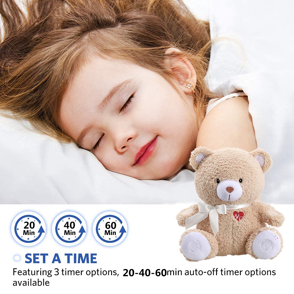 Newborns Musical Baby Sleep Soother, Mom's Heartbeat White Noise Machine, Bear Sleeping Aid with Cry Sensor|Night Light & 9 Sounds Therapy|Womb Sound Stuffed Toy for Toddler Crib|Deep Brown