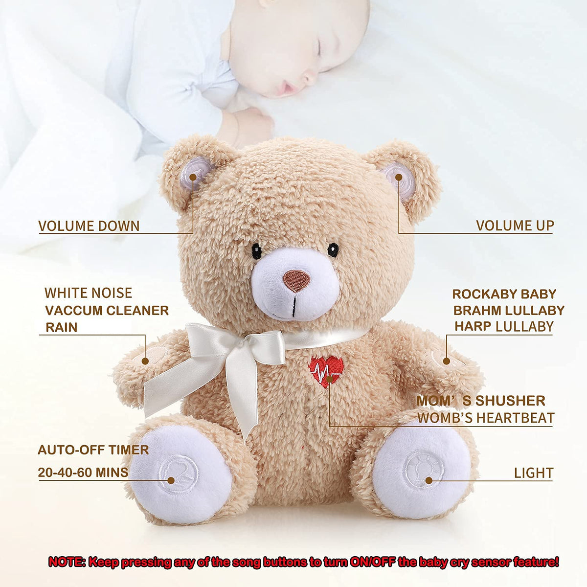 Newborns Musical Baby Sleep Soother, Mom's Heartbeat White Noise Machine, Bear Sleeping Aid with Cry Sensor|Night Light & 9 Sounds Therapy|Womb Sound Stuffed Toy for Toddler Crib|Deep Brown