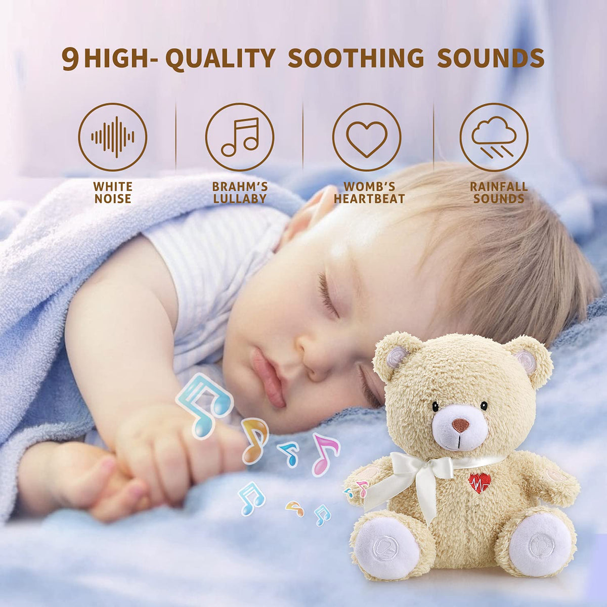 Newborns Musical Baby Sleep Soother, Mom's Heartbeat White Noise Machine, Bear Sleeping Aid with Cry Sensor|Night Light & 9 Sounds Therapy|Womb Sound Stuffed Toy for Toddler Crib|Deep Brown