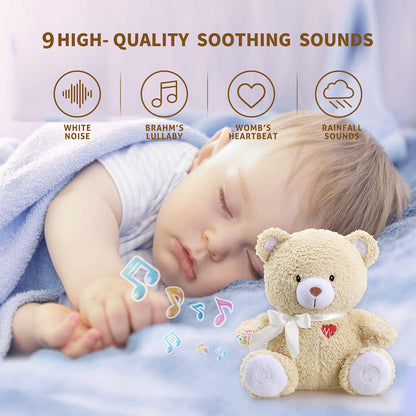 Newborns Musical Baby Sleep Soother, Mom's Heartbeat White Noise Machine, Bear Sleeping Aid with Cry Sensor|Night Light & 9 Sounds Therapy|Womb Sound Stuffed Toy for Toddler Crib|Deep Brown