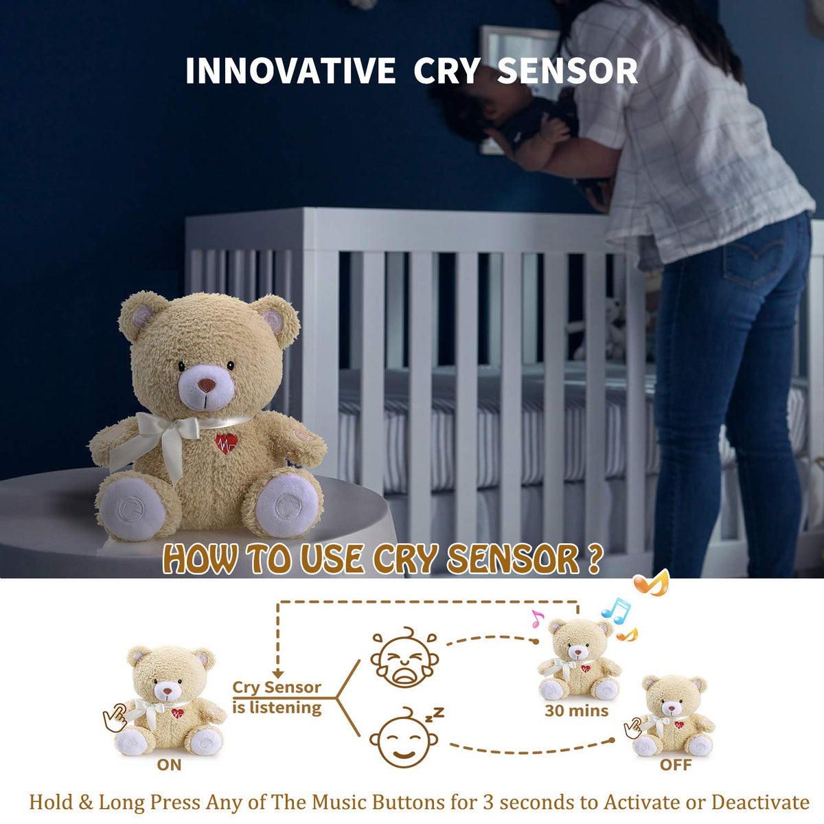 Newborns Musical Baby Sleep Soother, Mom's Heartbeat White Noise Machine, Bear Sleeping Aid with Cry Sensor|Night Light & 9 Sounds Therapy|Womb Sound Stuffed Toy for Toddler Crib|Deep Brown