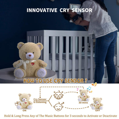 Newborns Musical Baby Sleep Soother, Mom's Heartbeat White Noise Machine, Bear Sleeping Aid with Cry Sensor|Night Light & 9 Sounds Therapy|Womb Sound Stuffed Toy for Toddler Crib|Deep Brown
