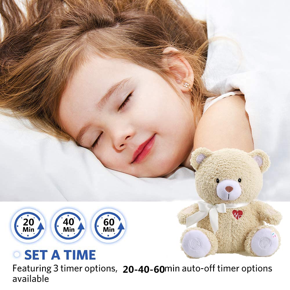 Newborns Musical Baby Sleep Soother, Mom's Heartbeat White Noise Machine, Bear Sleeping Aid with Cry Sensor|Night Light & 9 Sounds Therapy|Womb Sound Stuffed Toy for Toddler Crib|Deep Brown
