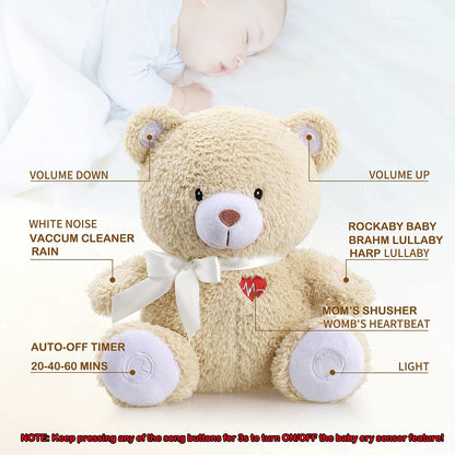Newborns Musical Baby Sleep Soother, Mom's Heartbeat White Noise Machine, Bear Sleeping Aid with Cry Sensor|Night Light & 9 Sounds Therapy|Womb Sound Stuffed Toy for Toddler Crib|Deep Brown