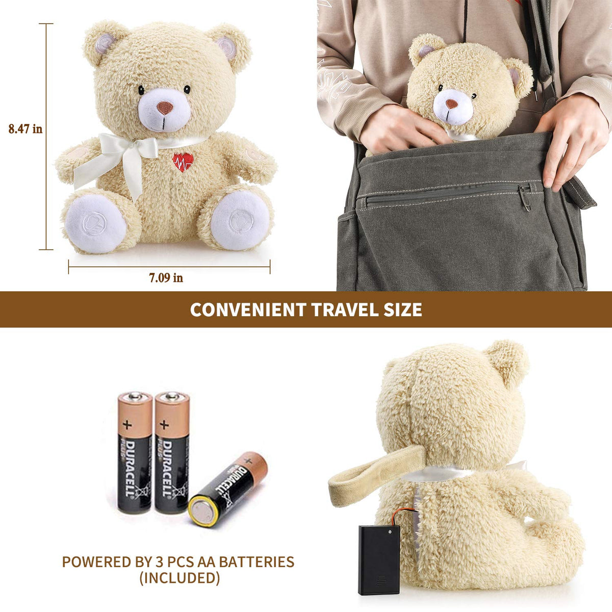 Newborns Musical Baby Sleep Soother, Mom's Heartbeat White Noise Machine, Bear Sleeping Aid with Cry Sensor|Night Light & 9 Sounds Therapy|Womb Sound Stuffed Toy for Toddler Crib|Deep Brown