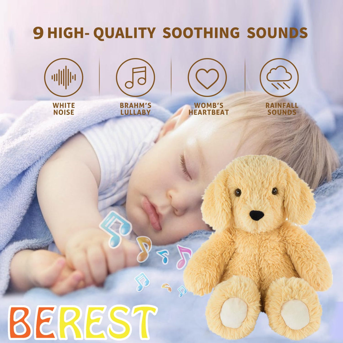 Newborns Musical Baby Sleep Soother, Mom's Heartbeat White Noise Machine, Bear Sleeping Aid with Cry Sensor|Night Light & 9 Sounds Therapy|Womb Sound Stuffed Toy for Toddler Crib|Deep Brown