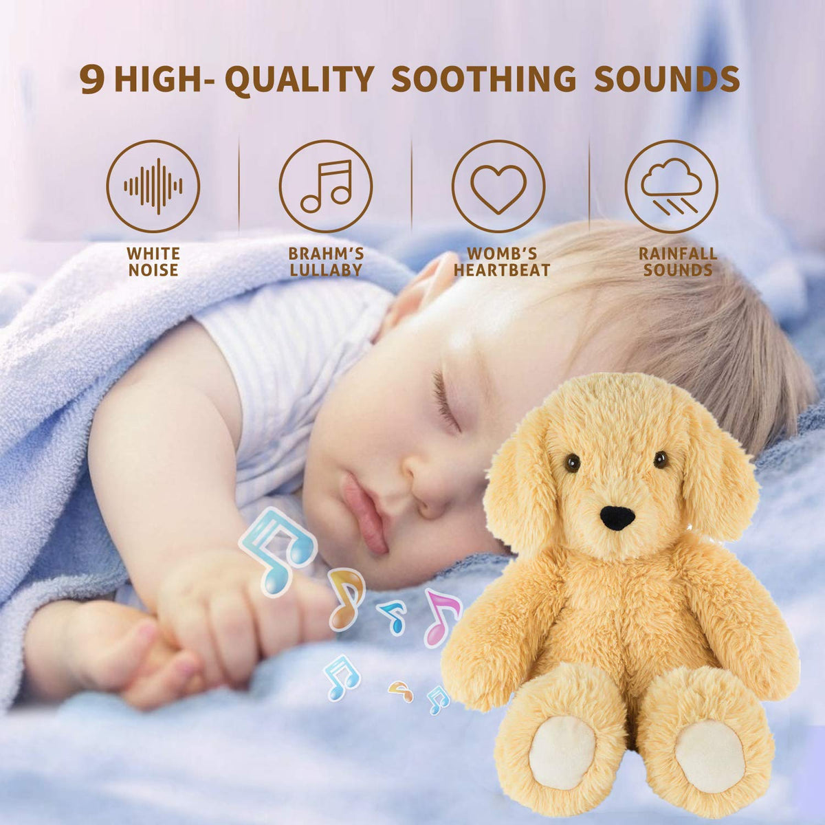 Newborns Musical Baby Sleep Soother, Mom's Heartbeat White Noise Machine, Bear Sleeping Aid with Cry Sensor|Night Light & 9 Sounds Therapy|Womb Sound Stuffed Toy for Toddler Crib|Deep Brown