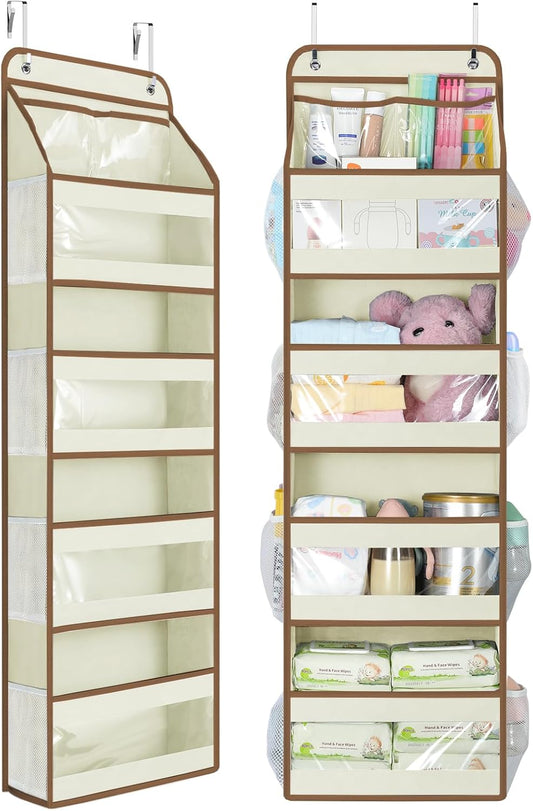 5 Tier Over the Door Organizer, Swing-proof Door Organizer Hanging with Clear PVC Windows, Behind the Door Storage for Bedroom Nursery Closet Laundry Pantry Bathroom, Pink