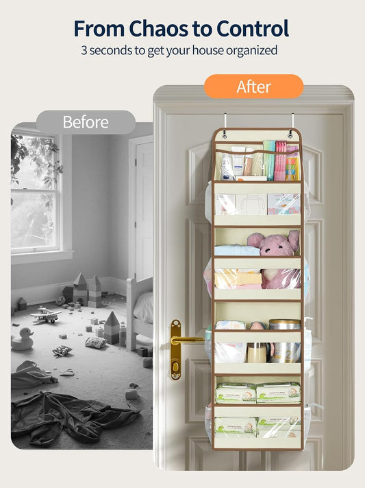 5 Tier Over the Door Organizer, Swing-proof Door Organizer Hanging with Clear PVC Windows, Behind the Door Storage for Bedroom Nursery Closet Laundry Pantry Bathroom, Pink