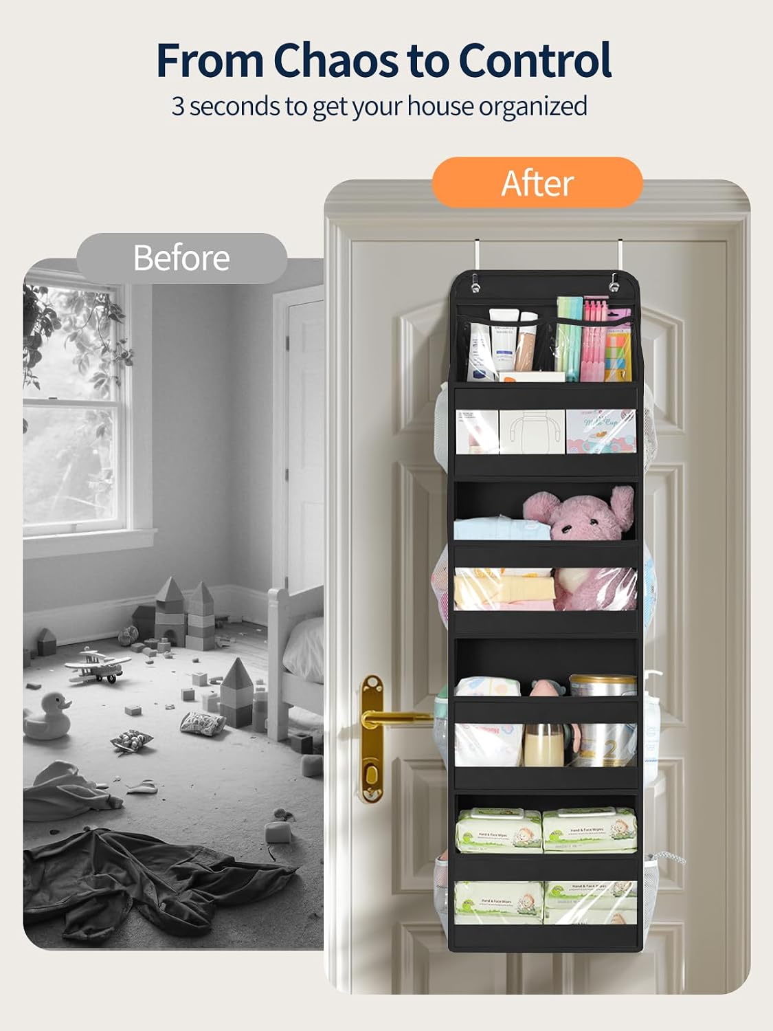 5 Tier Over the Door Organizer, Swing-proof Door Organizer Hanging with Clear PVC Windows, Behind the Door Storage for Bedroom Nursery Closet Laundry Pantry Bathroom, Pink