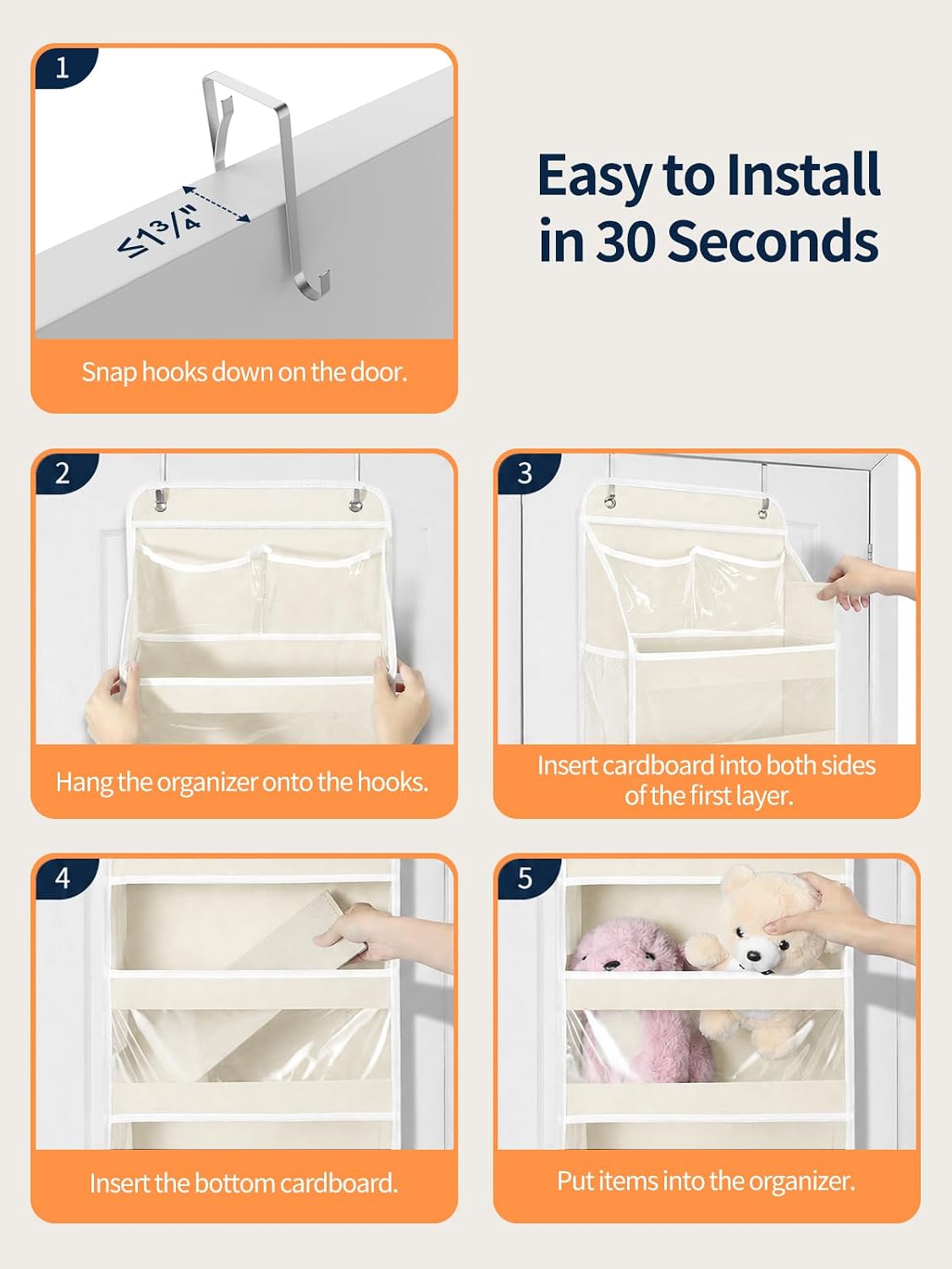 5 Tier Over the Door Organizer, Swing-proof Door Organizer Hanging with Clear PVC Windows, Behind the Door Storage for Bedroom Nursery Closet Laundry Pantry Bathroom, Pink