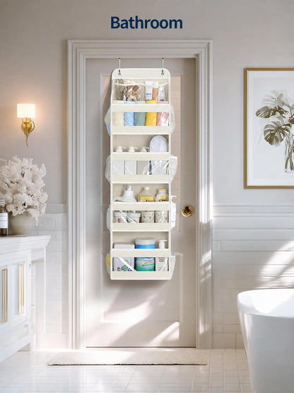 5 Tier Over the Door Organizer, Swing-proof Door Organizer Hanging with Clear PVC Windows, Behind the Door Storage for Bedroom Nursery Closet Laundry Pantry Bathroom, Pink