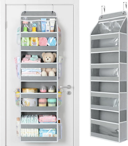5 Tier Over the Door Organizer, Swing-proof Door Organizer Hanging with Clear PVC Windows, Behind the Door Storage for Bedroom Nursery Closet Laundry Pantry Bathroom, Pink