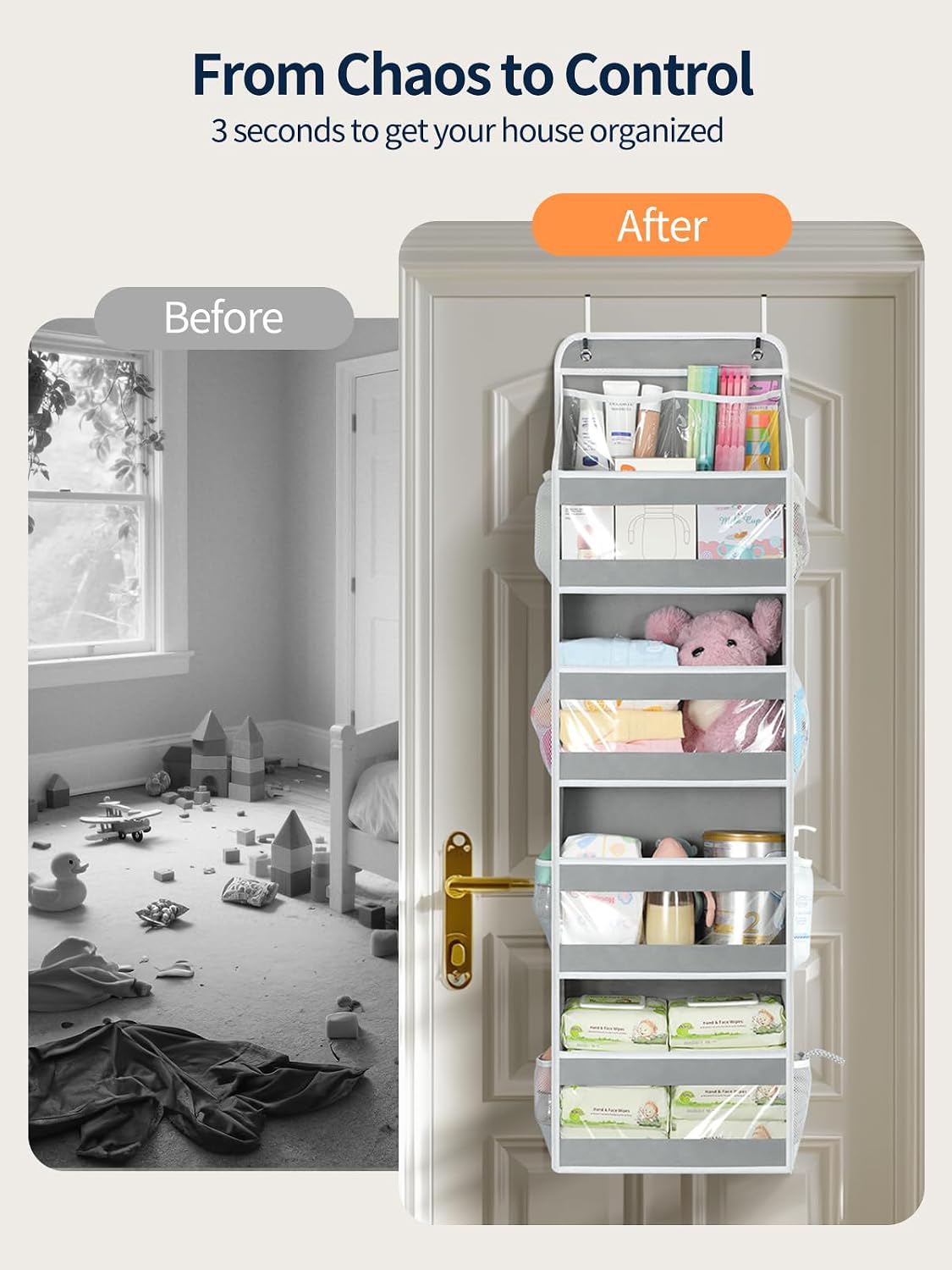 5 Tier Over the Door Organizer, Swing-proof Door Organizer Hanging with Clear PVC Windows, Behind the Door Storage for Bedroom Nursery Closet Laundry Pantry Bathroom, Pink