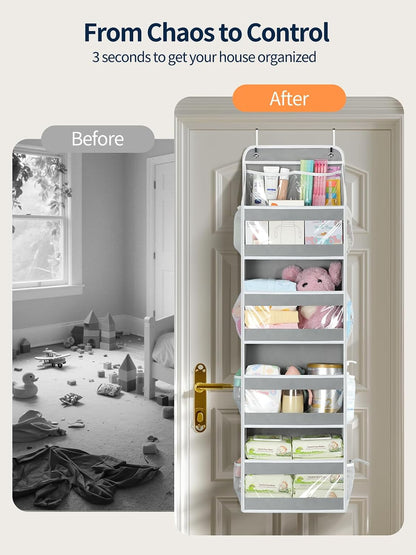 5 Tier Over the Door Organizer, Swing-proof Door Organizer Hanging with Clear PVC Windows, Behind the Door Storage for Bedroom Nursery Closet Laundry Pantry Bathroom, Pink