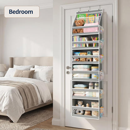 5 Tier Over the Door Organizer, Swing-proof Door Organizer Hanging with Clear PVC Windows, Behind the Door Storage for Bedroom Nursery Closet Laundry Pantry Bathroom, Pink