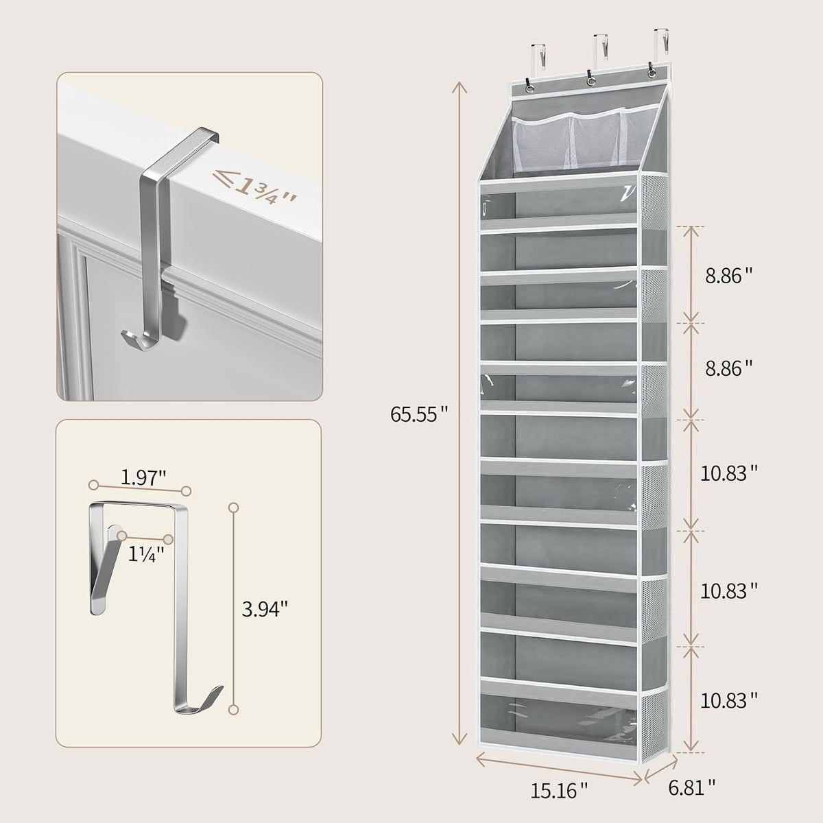 5 Tier Over the Door Organizer, Swing-proof Door Organizer Hanging with Clear PVC Windows, Behind the Door Storage for Bedroom Nursery Closet Laundry Pantry Bathroom, Pink