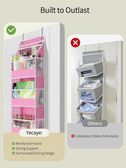 5 Tier Over the Door Organizer, Swing-proof Door Organizer Hanging with Clear PVC Windows, Behind the Door Storage for Bedroom Nursery Closet Laundry Pantry Bathroom, Pink