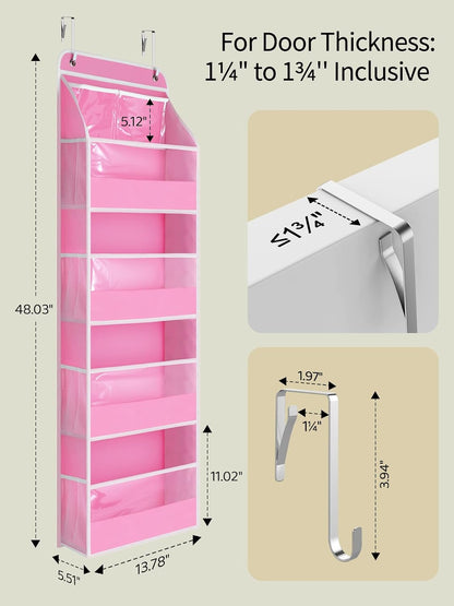 5 Tier Over the Door Organizer, Swing-proof Door Organizer Hanging with Clear PVC Windows, Behind the Door Storage for Bedroom Nursery Closet Laundry Pantry Bathroom, Pink