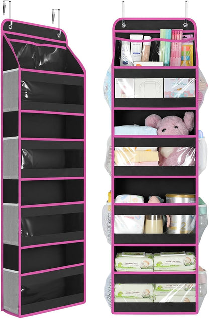 5 Tier Over the Door Organizer, Swing-proof Door Organizer Hanging with Clear PVC Windows, Behind the Door Storage for Bedroom Nursery Closet Laundry Pantry Bathroom, Pink
