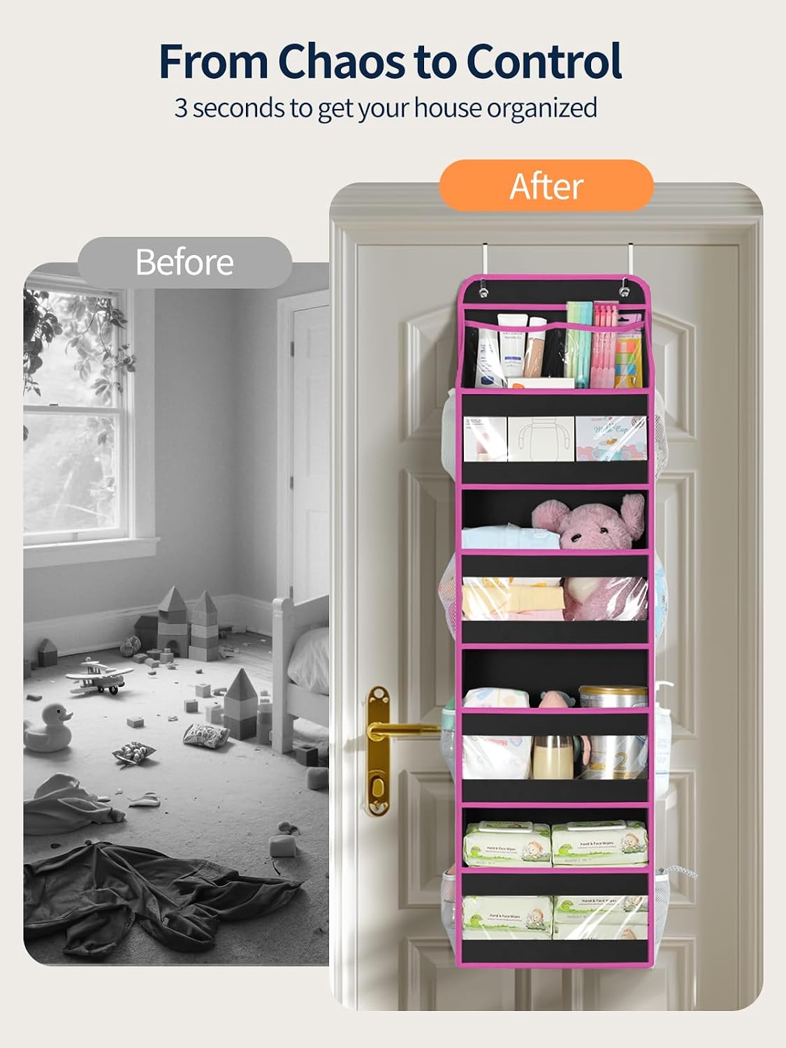5 Tier Over the Door Organizer, Swing-proof Door Organizer Hanging with Clear PVC Windows, Behind the Door Storage for Bedroom Nursery Closet Laundry Pantry Bathroom, Pink
