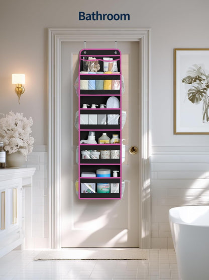 5 Tier Over the Door Organizer, Swing-proof Door Organizer Hanging with Clear PVC Windows, Behind the Door Storage for Bedroom Nursery Closet Laundry Pantry Bathroom, Pink