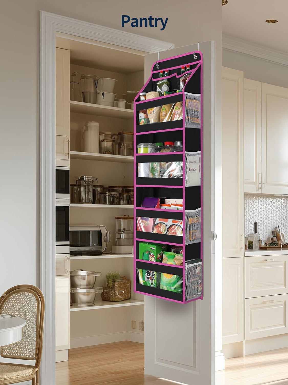 5 Tier Over the Door Organizer, Swing-proof Door Organizer Hanging with Clear PVC Windows, Behind the Door Storage for Bedroom Nursery Closet Laundry Pantry Bathroom, Pink