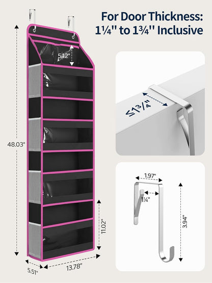 5 Tier Over the Door Organizer, Swing-proof Door Organizer Hanging with Clear PVC Windows, Behind the Door Storage for Bedroom Nursery Closet Laundry Pantry Bathroom, Pink
