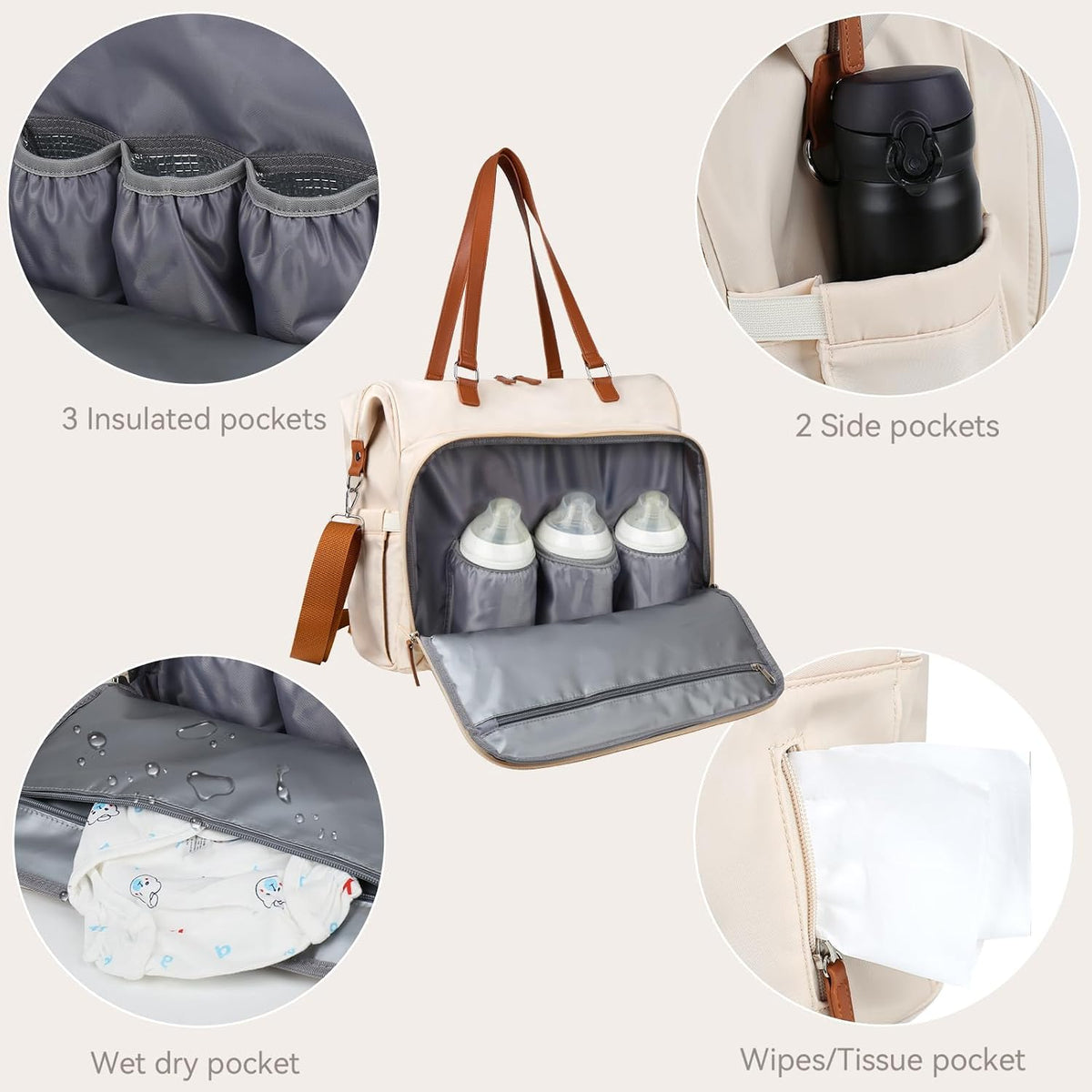 Mom‘s Diaper Bag 4 in 1 Diaper Baby Tote, Hospital Bag for Labor & Delivery, Large Waterproof Baby Travel Weekender with 3 Insulated Pockets, Khaki