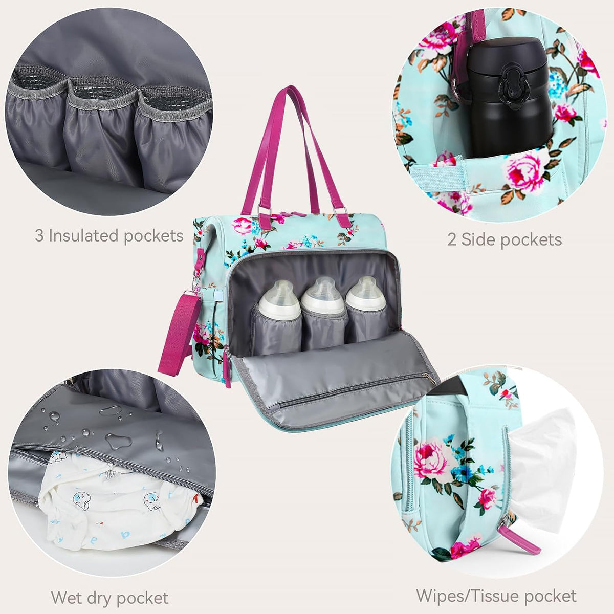 Mom‘s Diaper Bag 4 in 1 Diaper Baby Tote, Hospital Bag for Labor & Delivery, Large Waterproof Baby Travel Weekender with 3 Insulated Pockets, Khaki