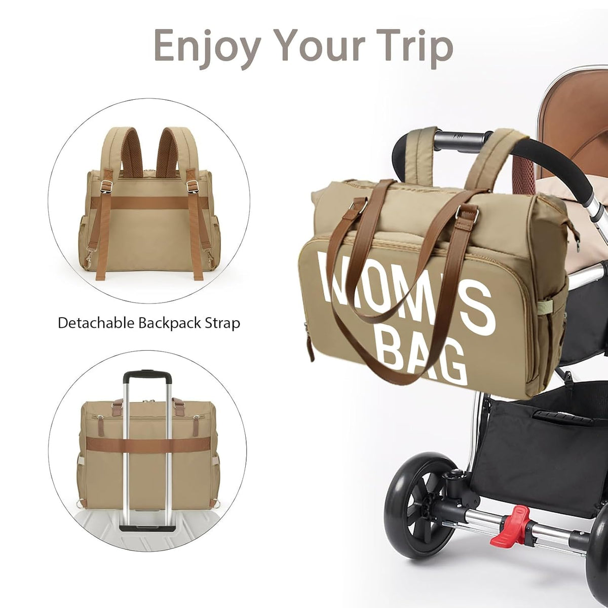 Mom‘s Diaper Bag 4 in 1 Diaper Baby Tote, Hospital Bag for Labor & Delivery, Large Waterproof Baby Travel Weekender with 3 Insulated Pockets, Khaki