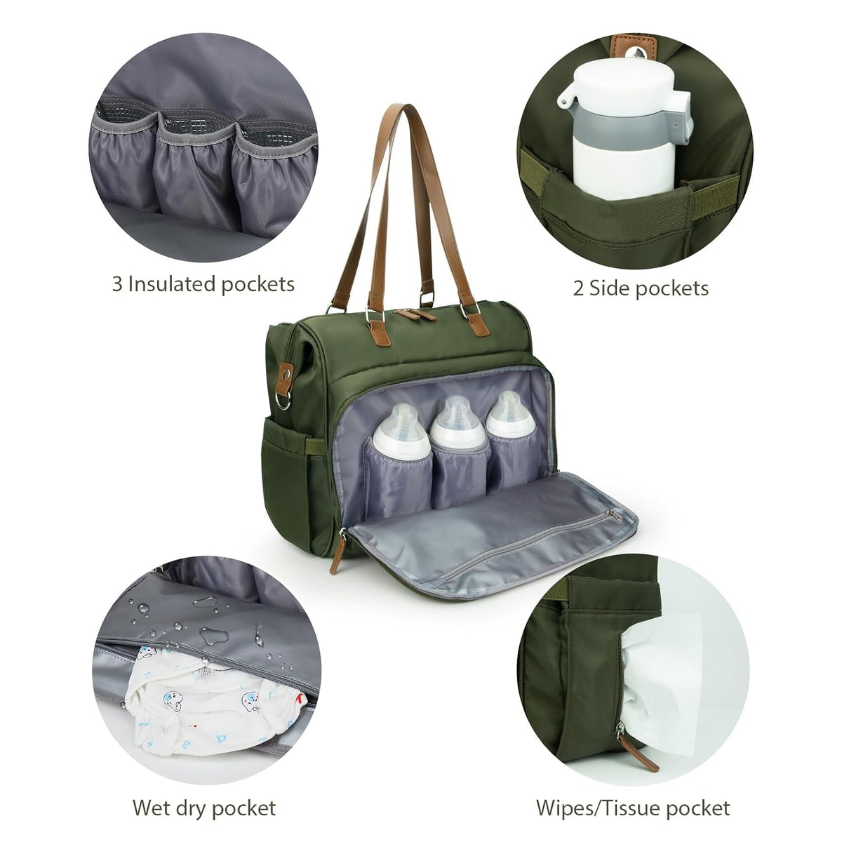 Mom‘s Diaper Bag 4 in 1 Diaper Baby Tote, Hospital Bag for Labor & Delivery, Large Waterproof Baby Travel Weekender with 3 Insulated Pockets, Khaki