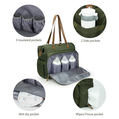Mom‘s Diaper Bag 4 in 1 Diaper Baby Tote, Hospital Bag for Labor & Delivery, Large Waterproof Baby Travel Weekender with 3 Insulated Pockets, Khaki