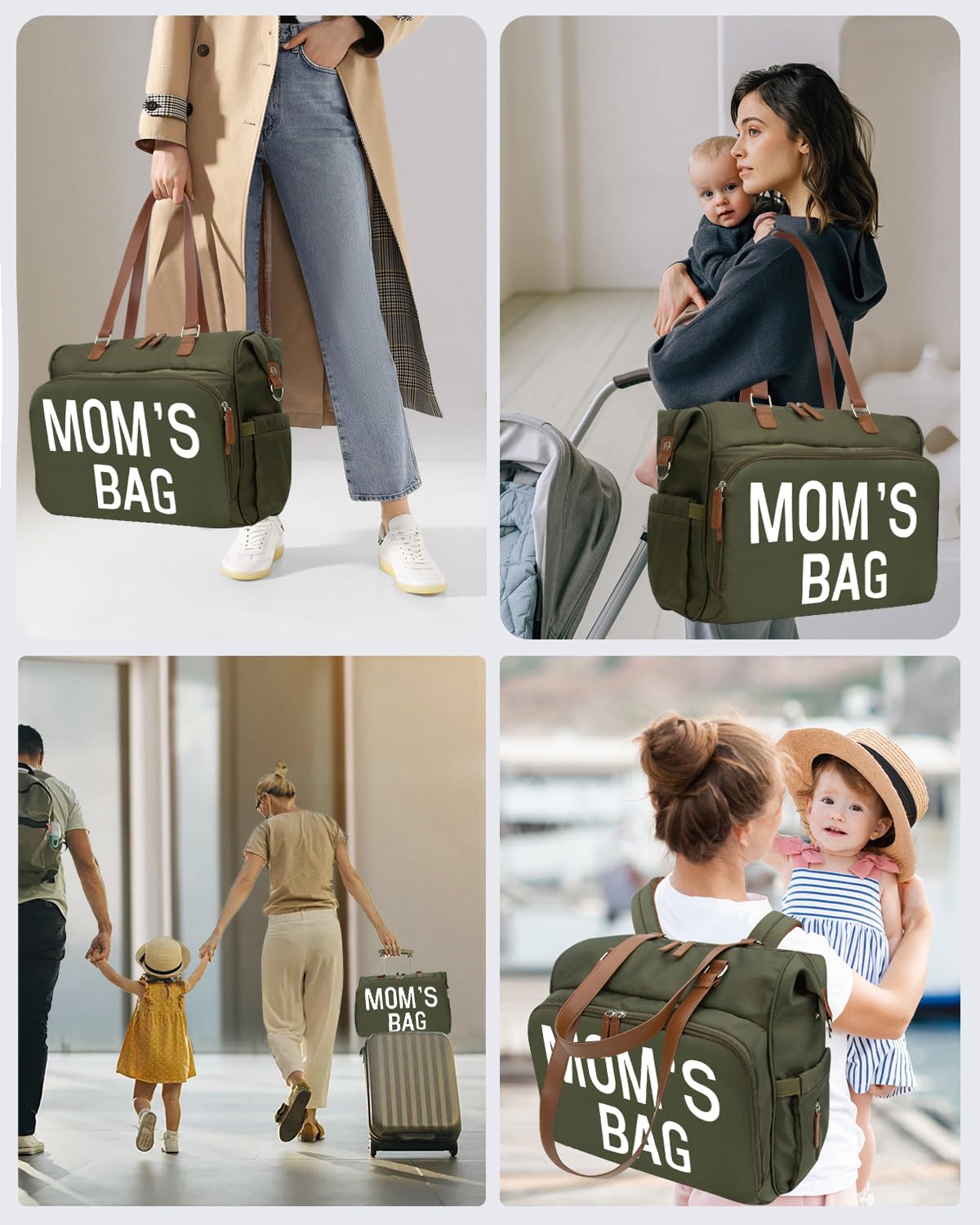 Mom‘s Diaper Bag 4 in 1 Diaper Baby Tote, Hospital Bag for Labor & Delivery, Large Waterproof Baby Travel Weekender with 3 Insulated Pockets, Khaki