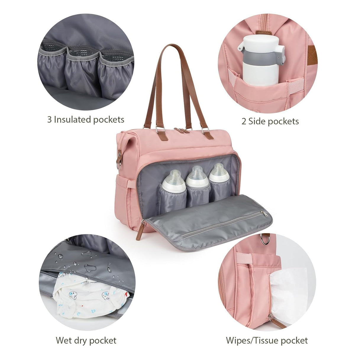 Mom‘s Diaper Bag 4 in 1 Diaper Baby Tote, Hospital Bag for Labor & Delivery, Large Waterproof Baby Travel Weekender with 3 Insulated Pockets, Khaki