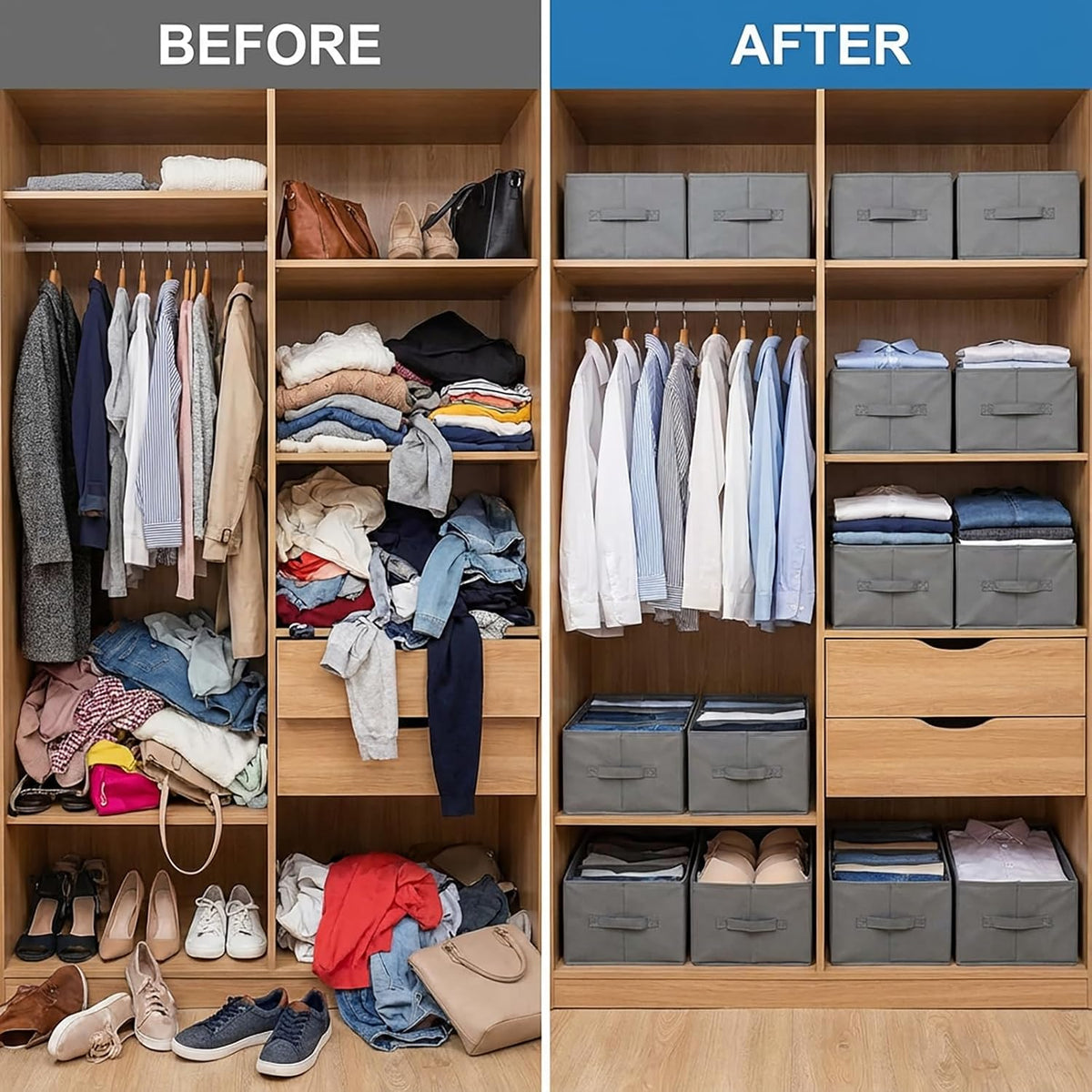 6 Pack Wardrobe Clothes Organizer, 6 Grids Large Clothes Closet Organizer and Storage, Divided Clothing Storage Boxes Bins Closet Drawer Organizer for Jeans T-shirt Pants Sweater