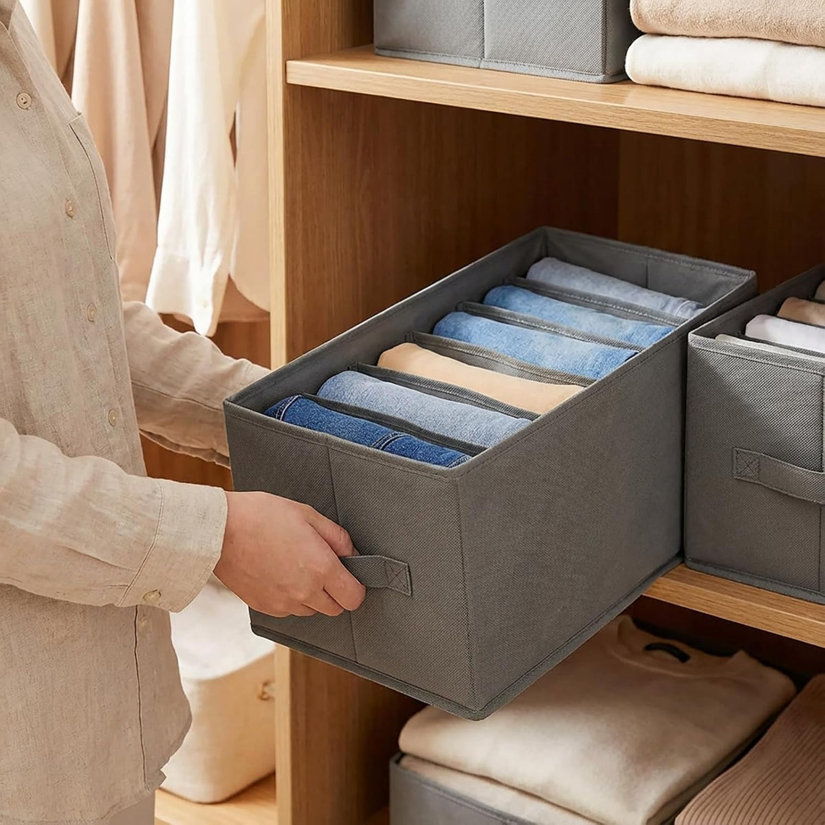 6 Pack Wardrobe Clothes Organizer, 6 Grids Large Clothes Closet Organizer and Storage, Divided Clothing Storage Boxes Bins Closet Drawer Organizer for Jeans T-shirt Pants Sweater