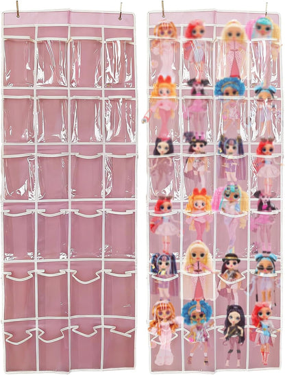 Hanging Over Door dolls Storage Organizer with 24 Clear View Pockets, Compatible with Lol Omg Barbie Dolls Surprise Doll clothes bow hair accessories organizer