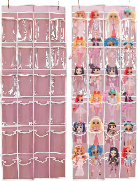 Hanging Over Door dolls Storage Organizer with 24 Clear View Pockets, Compatible with Lol Omg Barbie Dolls Surprise Doll clothes bow hair accessories organizer
