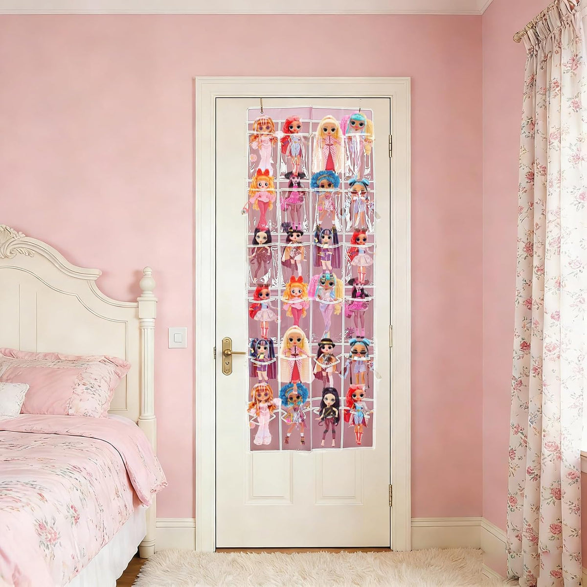 Hanging Over Door dolls Storage Organizer with 24 Clear View Pockets, Compatible with Lol Omg Barbie Dolls Surprise Doll clothes bow hair accessories organizer
