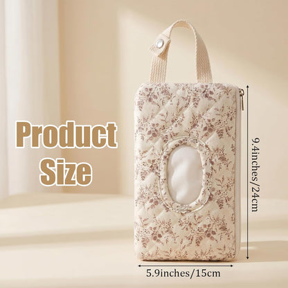 Quilted Diaper Wipe Holder Floral Hanging Pouch Reusable Fabric Wet Wipes Organizer Bag with Zipper and Lanyard for Car Stroller Travel Outdoor Daily Casual Mommy Bag
