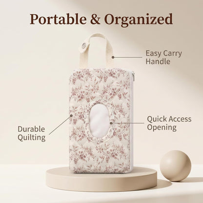 Quilted Diaper Wipe Holder Floral Hanging Pouch Reusable Fabric Wet Wipes Organizer Bag with Zipper and Lanyard for Car Stroller Travel Outdoor Daily Casual Mommy Bag