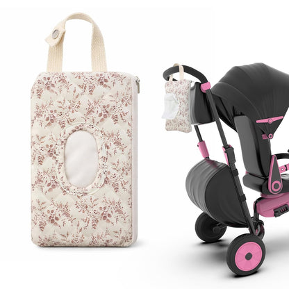 Quilted Diaper Wipe Holder Floral Hanging Pouch Reusable Fabric Wet Wipes Organizer Bag with Zipper and Lanyard for Car Stroller Travel Outdoor Daily Casual Mommy Bag