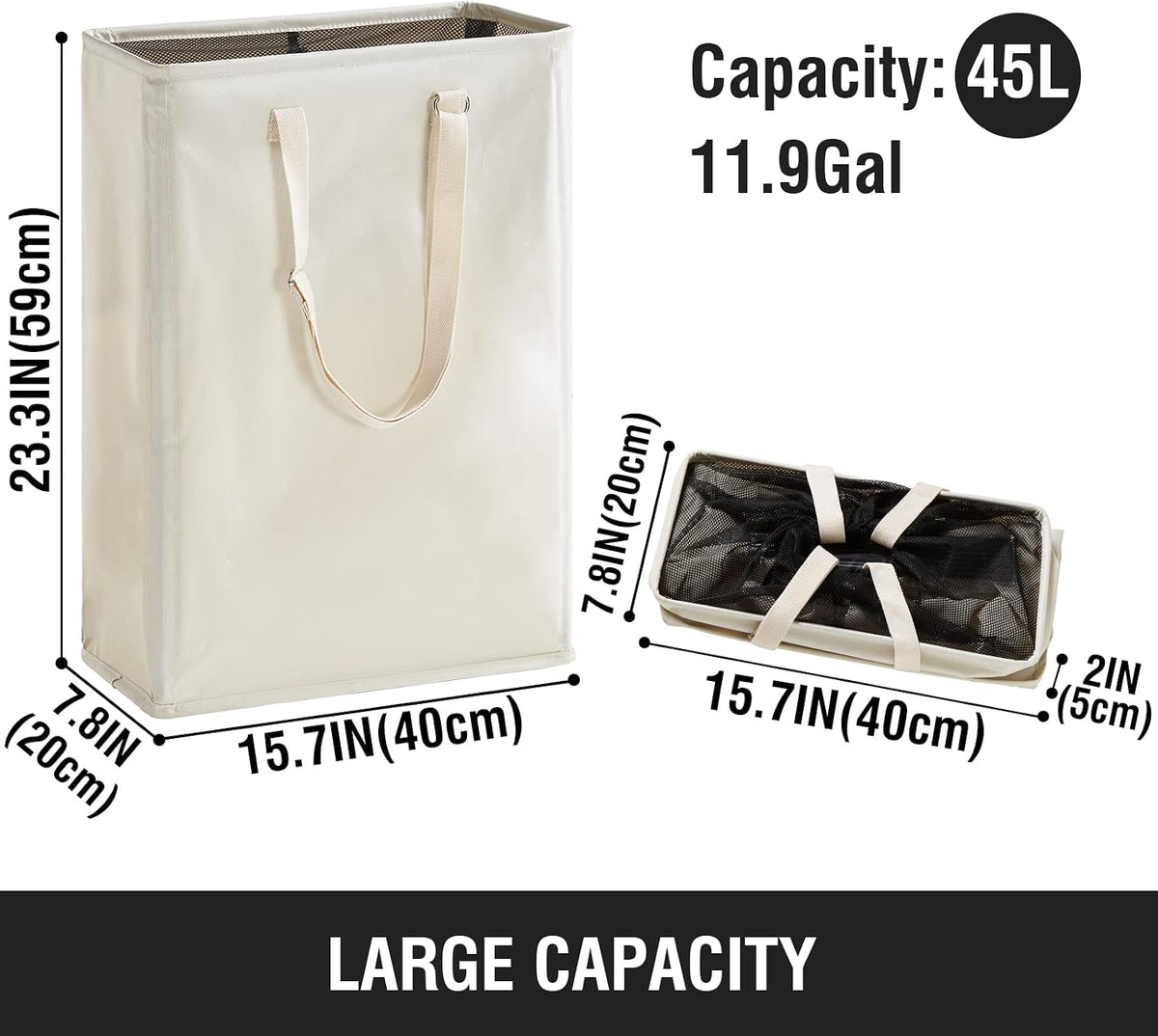45L Slim Laundry Hamper with Removable Inner Bag & Side Handles, Black