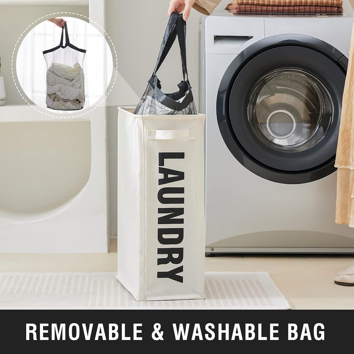 45L Slim Laundry Hamper with Removable Inner Bag & Side Handles, Black