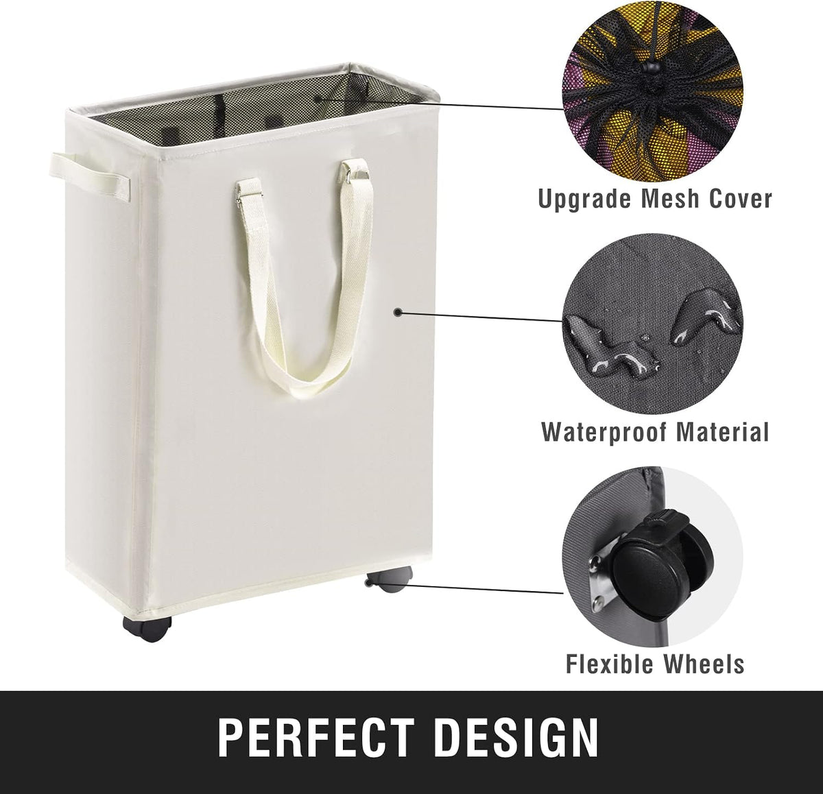 45L Slim Laundry Hamper with Removable Inner Bag & Side Handles, Black