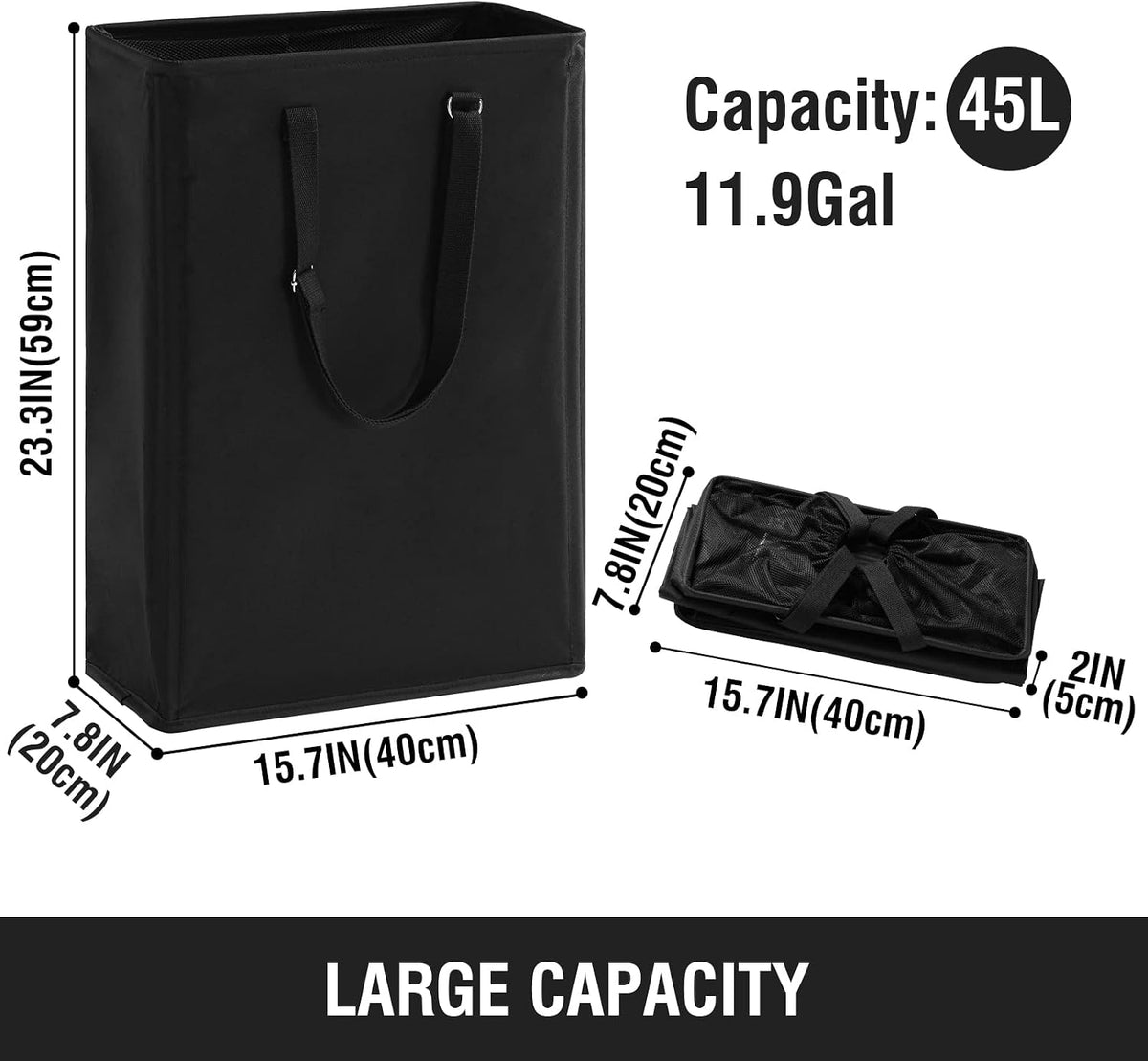45L Slim Laundry Hamper with Removable Inner Bag & Side Handles, Black