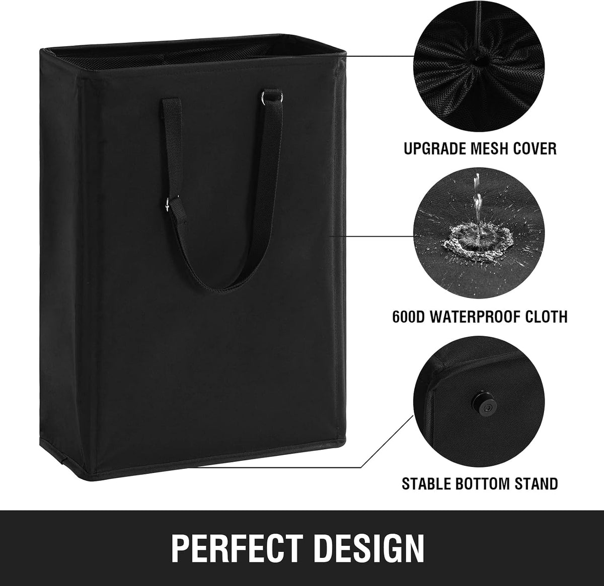 45L Slim Laundry Hamper with Removable Inner Bag & Side Handles, Black