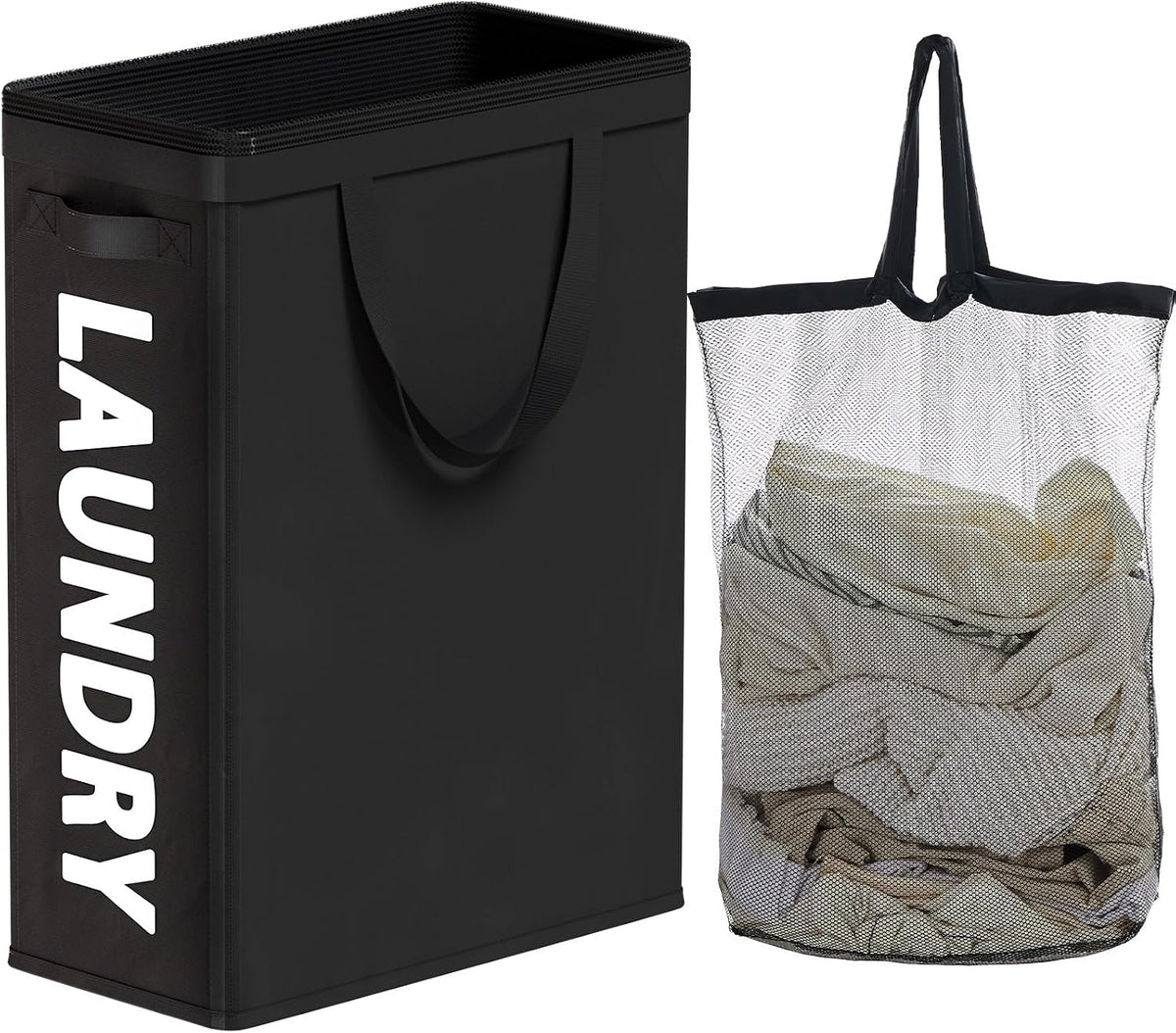 45L Slim Laundry Hamper with Removable Inner Bag & Side Handles, Black